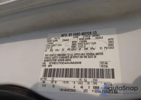 2010 Ford Explorer Xlt из США, поврежденный, VIN 1FMEU7DE4AUA62936